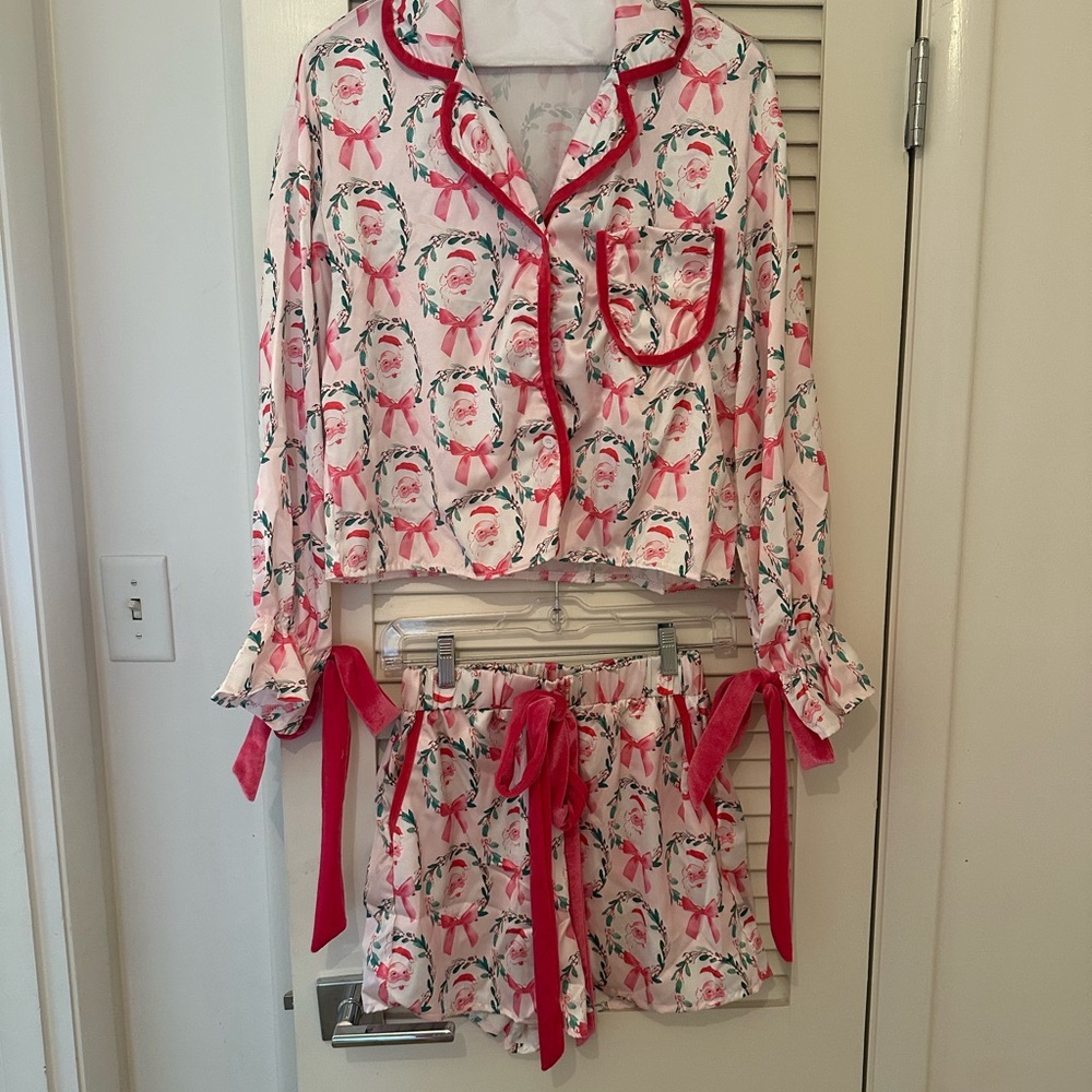 Women's Pink Santa Satin Pajama Set with Red Trim